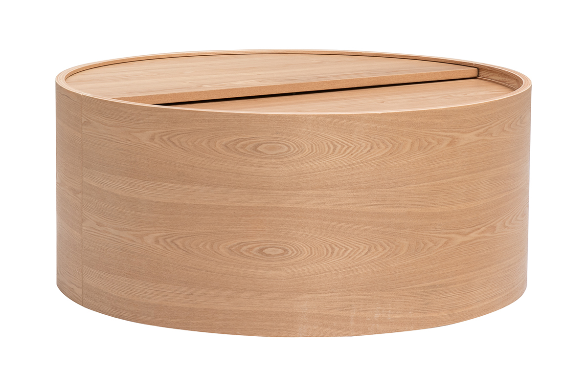 Table basse ronde bois clair fr�ne avec plateau pivotant et rangement D80 cm DALI