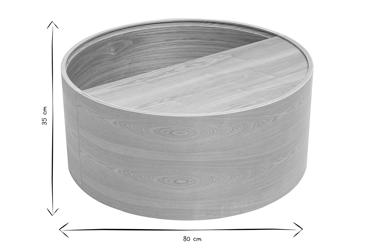 Table basse ronde bois clair fr�ne avec plateau pivotant et rangement D80 cm DALI