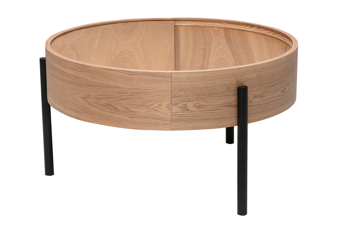 Table basse ronde bois clair fr�ne et m�tal noir avec plateau pivotant et rangement D80 cm YOLINE