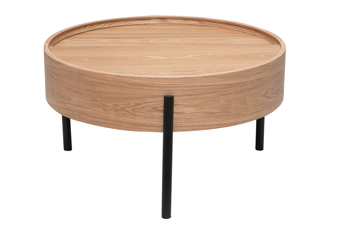 Table basse ronde bois clair fr�ne et m�tal noir avec plateau pivotant et rangement D80 cm YOLINE