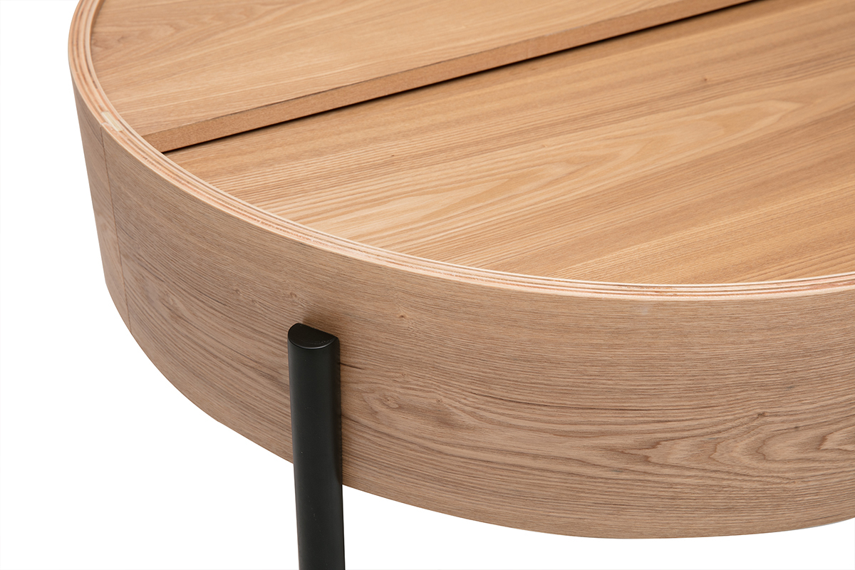 Table basse ronde bois clair fr�ne et m�tal noir avec plateau pivotant et rangement D80 cm YOLINE