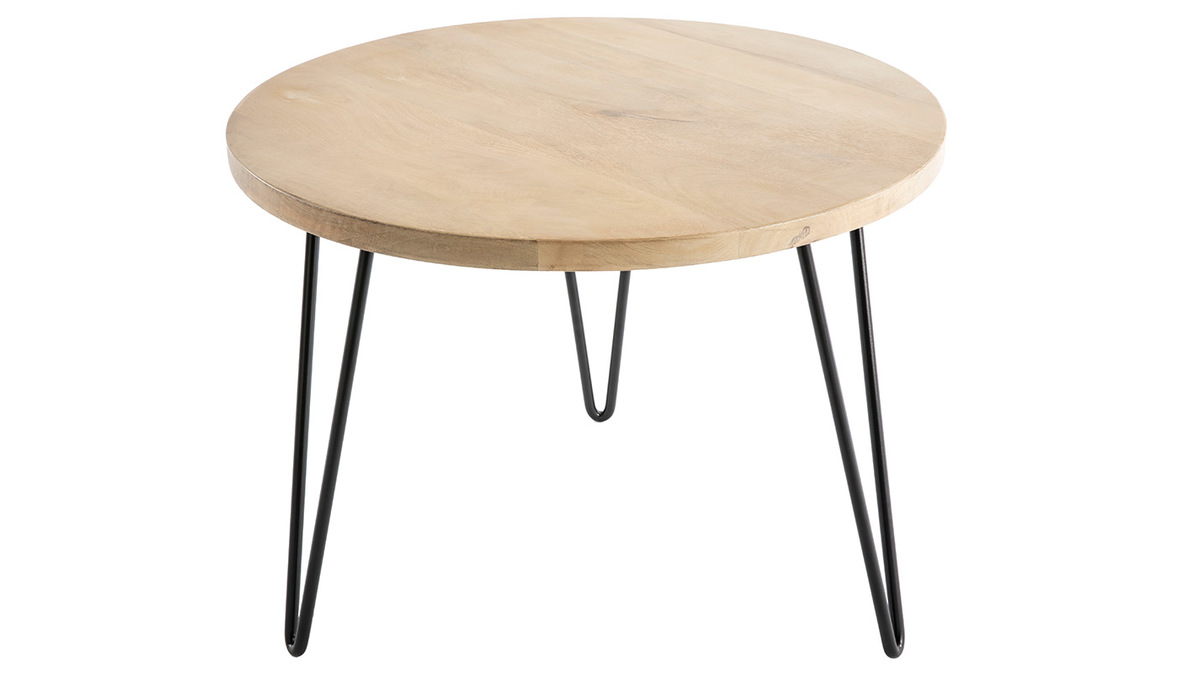 Table basse ronde bois clair manguier massif et mtal noir D60 cm VIBES