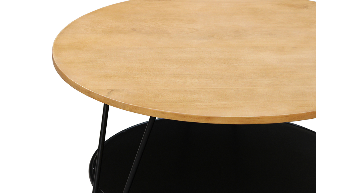 Table basse ronde bois clair manguier massif et mtal noir D80 cm PRIYA