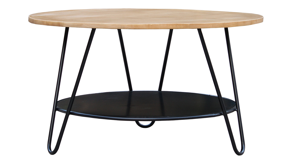 Table basse ronde bois clair manguier massif et mtal noir D80 cm PRIYA