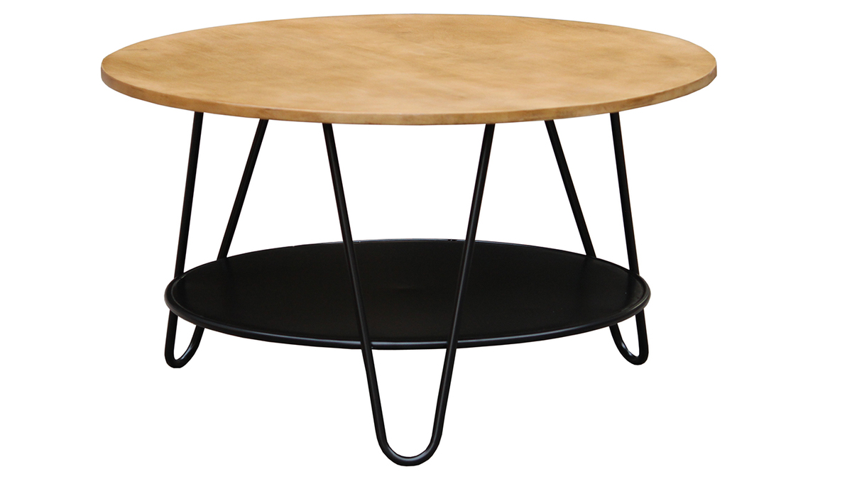 Table basse ronde bois clair manguier massif et mtal noir D80 cm PRIYA
