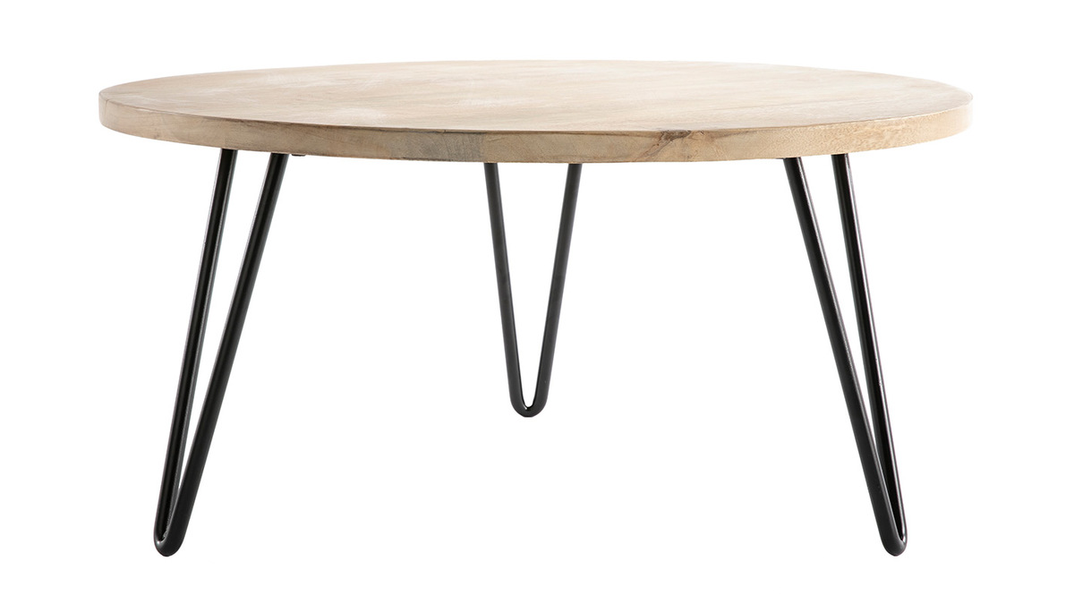 Table basse ronde bois clair manguier massif et mtal noir D80 cm VIBES