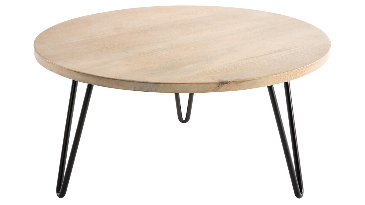 Table basse ronde bois clair manguier massif et métal noir D80 cm VIBES