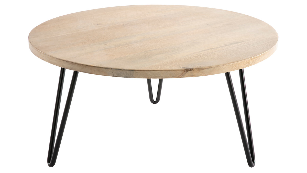 Table basse ronde bois clair manguier massif et mtal noir D80 cm VIBES