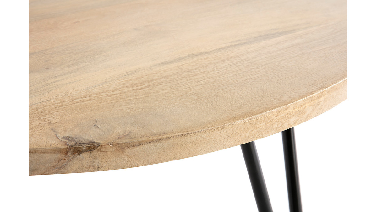 Table basse ronde bois clair manguier massif et mtal noir D80 cm VIBES