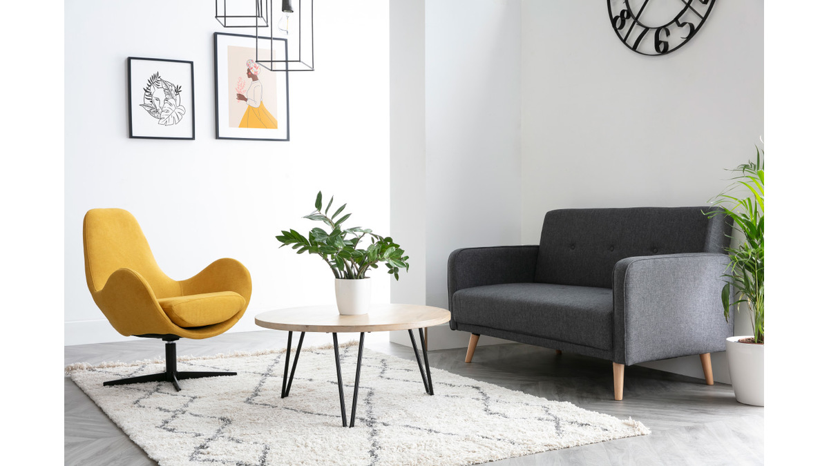 Table basse ronde bois clair manguier massif et mtal noir D80 cm VIBES