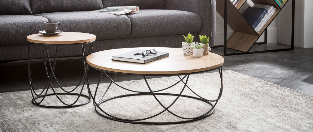 Table basse ronde bois et m�tal noir D80 x H30 cm LACE