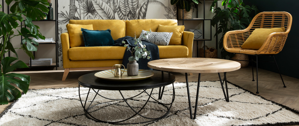 Table basse ronde bois et m�tal noir D80 x H30 cm LACE