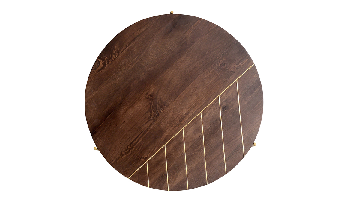 Table basse ronde bois fonc manguier massif et laiton D90 cm SILLON