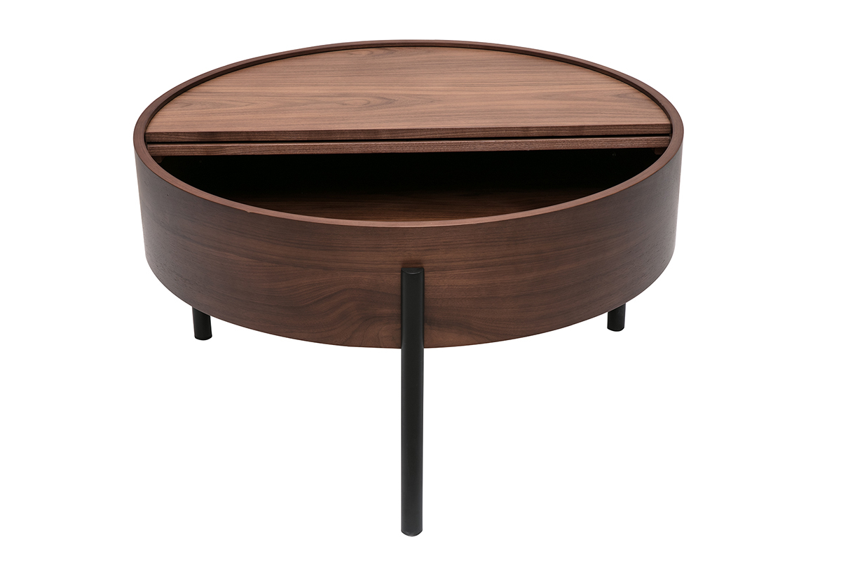 Table basse ronde bois fonc� noyer et m�tal noir avec plateau pivotant et rangement D80 cm YOLINE