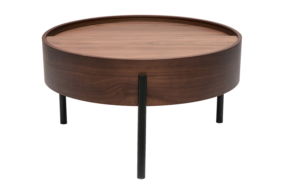 Table basse ronde bois fonc� noyer et m�tal noir avec plateau pivotant et rangement D80 cm YOLINE