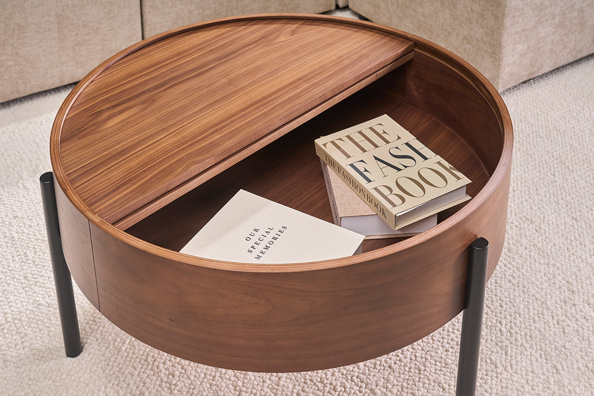Table basse ronde bois fonc� noyer et m�tal noir avec plateau pivotant et rangement D80 cm YOLINE