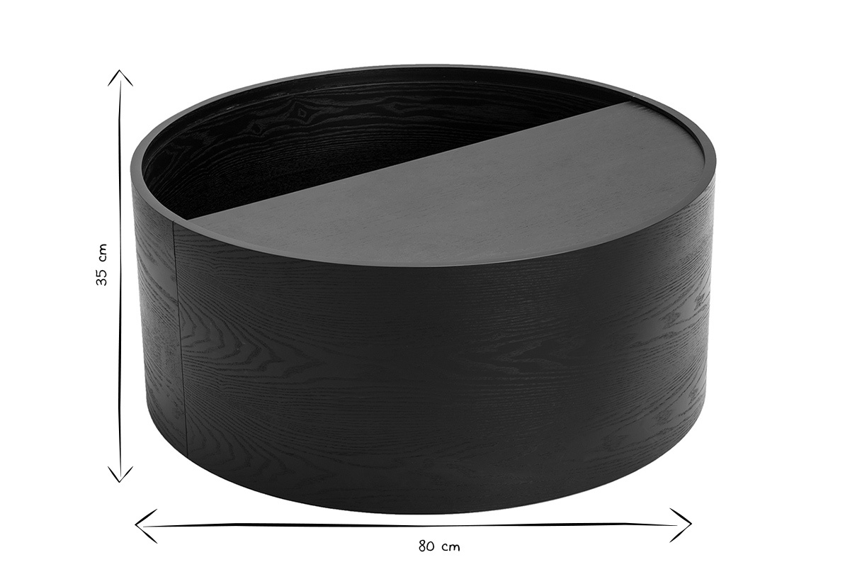 Table basse ronde bois noir avec plateau pivotant et rangement D80 cm DALI
