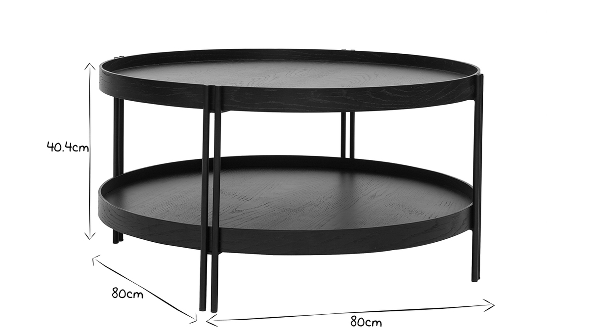 Table basse ronde design bois noir et mtal noir D80 cm TWICE