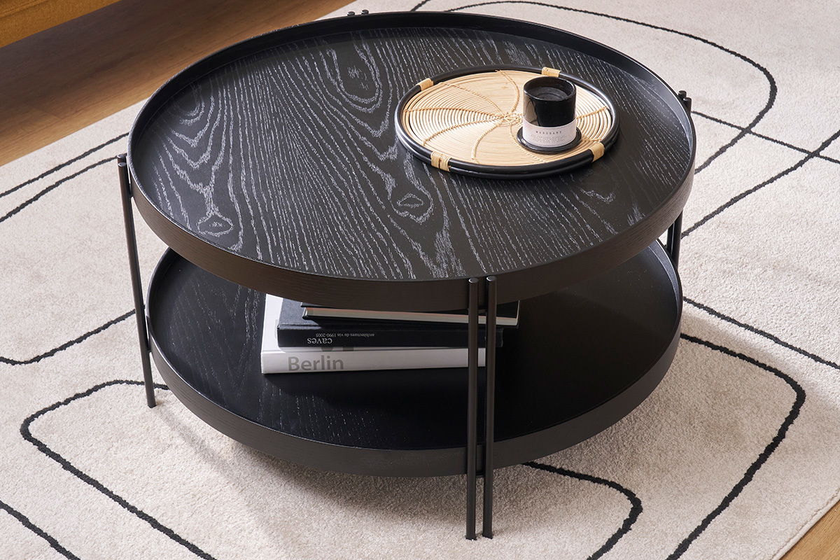 Table basse ronde design bois noir et mtal noir D80 cm TWICE