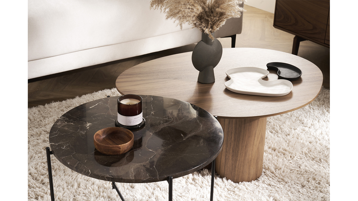 Table basse ronde design en marbre marron et mtal noir D52 cm SARDA