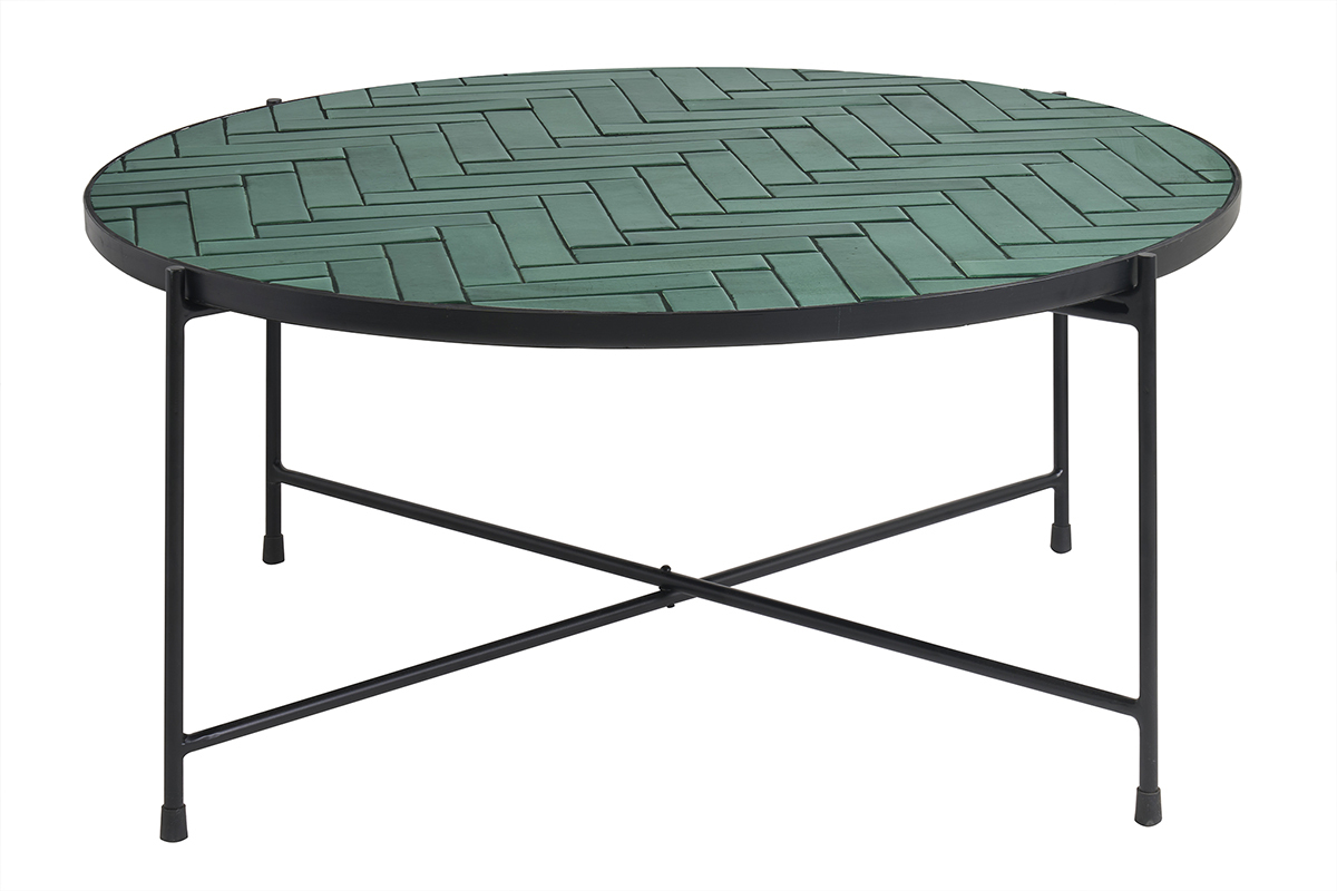 Table basse ronde en cramique vert fonc et mtal noir D80.5 cm KOTTA