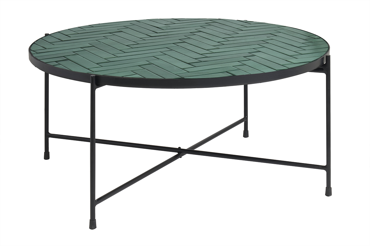Table basse ronde en cramique vert fonc et mtal noir D80.5 cm KOTTA