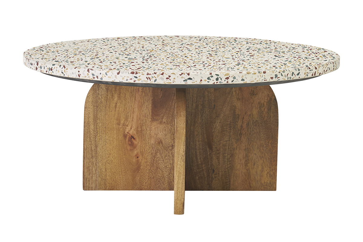 Table basse ronde en terrazzo et bois clair manguier massif D79.5 cm NESSA