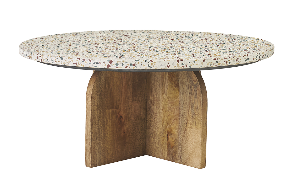 Table basse ronde en terrazzo et bois clair manguier massif D79.5 cm NESSA