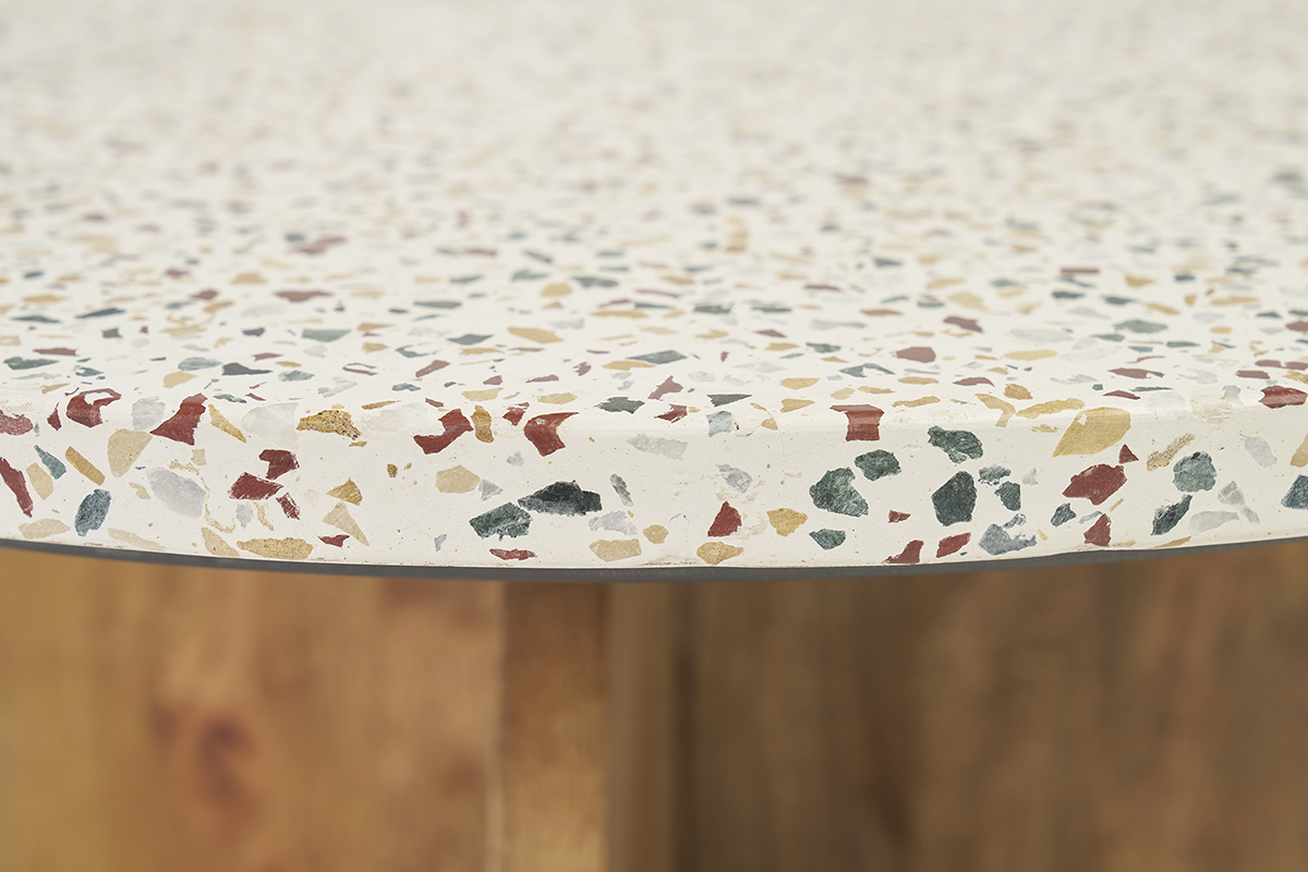 Table basse ronde en terrazzo et bois clair manguier massif D79.5 cm NESSA