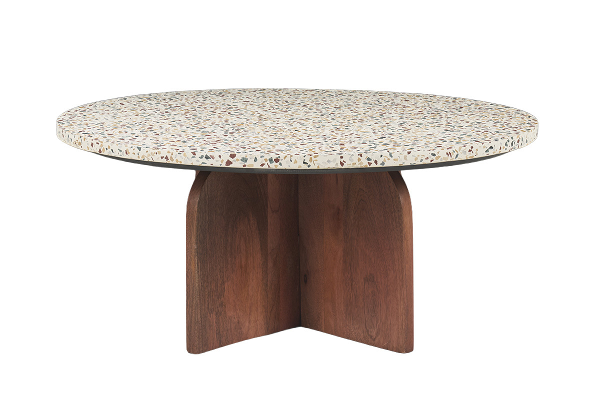 Table basse ronde en terrazzo et bois fonc� manguier massif D79.5 cm NESSA