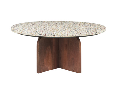 Table basse ronde en terrazzo et bois fonc&eacute; manguier massif D79.5 cm NESSA