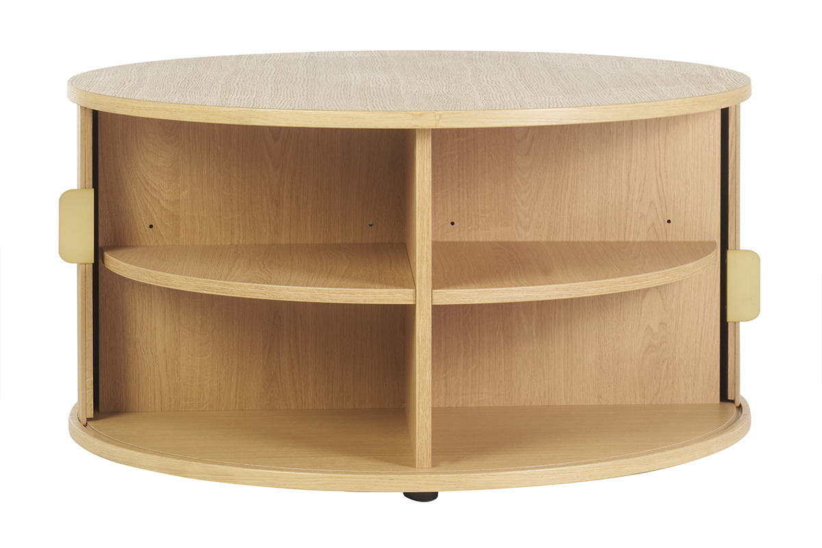 Table basse ronde finition bois clair chne 2 portes coulissantes D80 cm EPIC
