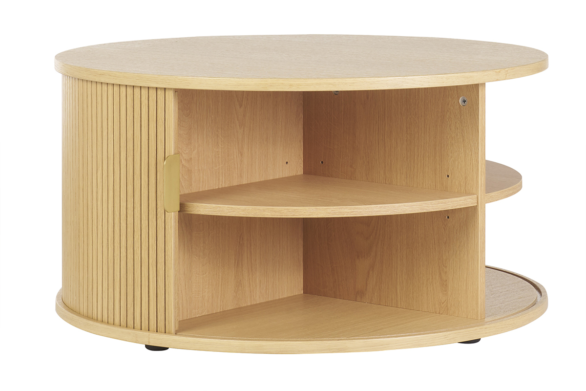 Table basse ronde finition bois clair chne 2 portes coulissantes D80 cm EPIC