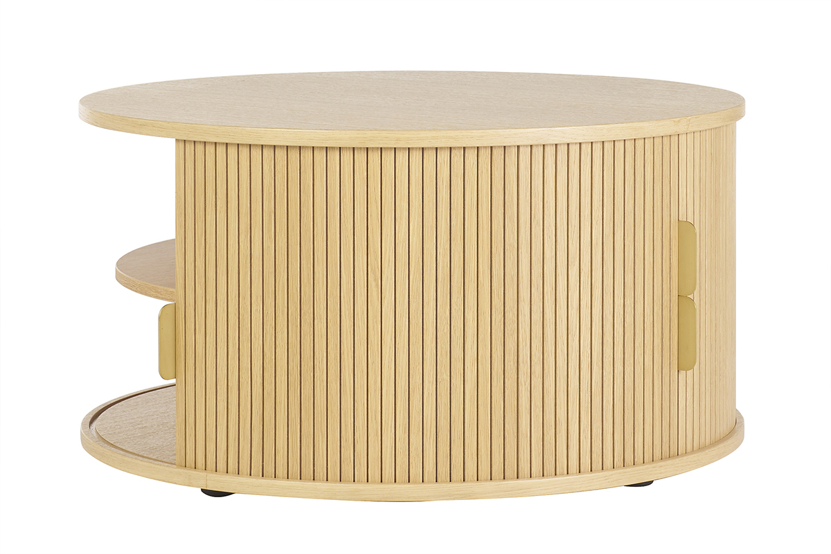 Table basse ronde finition bois clair chne 2 portes coulissantes D80 cm EPIC