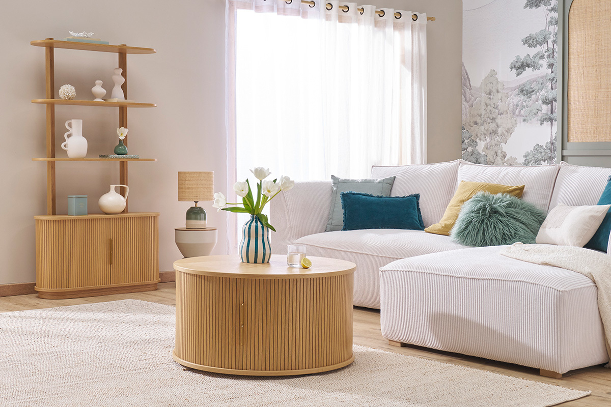 Table basse ronde finition bois clair chne 2 portes coulissantes D80 cm EPIC