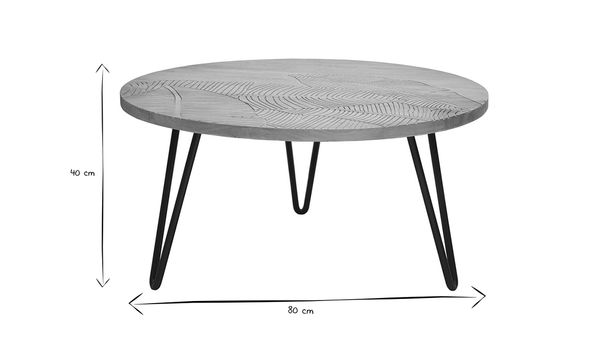 Table basse ronde gravée bois manguier massif et métal noir D80 cm VIBES