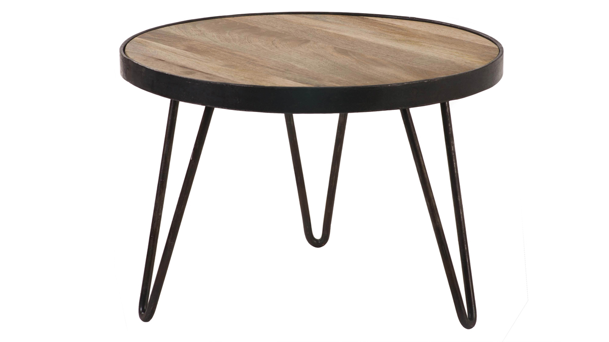 Table basse ronde industrielle bois clair manguier massif et mtal noir D50 cm ATELIER