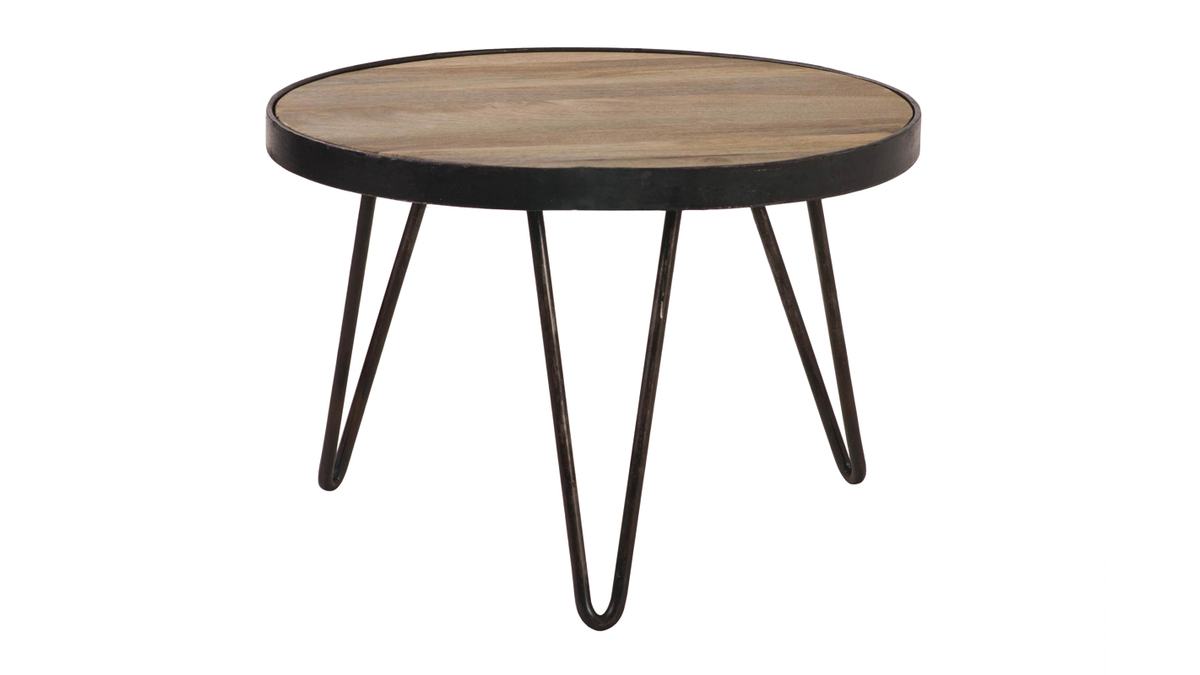 Table basse ronde industrielle bois clair manguier massif et mtal noir D50 cm ATELIER