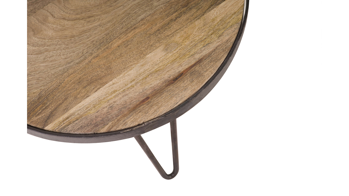 Table basse ronde industrielle bois clair manguier massif et mtal noir D50 cm ATELIER