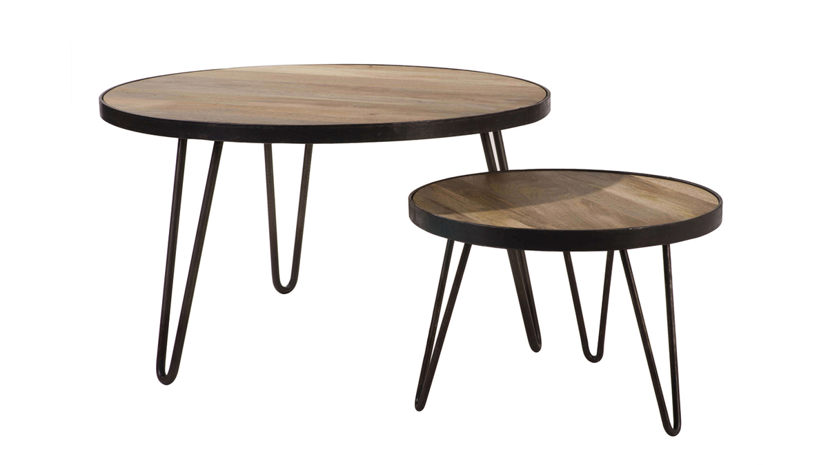 Table basse ronde industrielle bois clair manguier massif et mtal noir D50 cm ATELIER