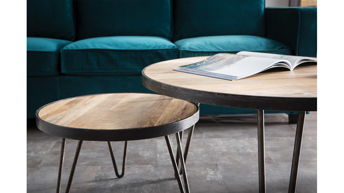 Table basse ronde industrielle bois clair manguier massif et mtal noir D50 cm ATELIER