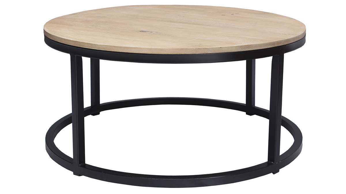 Table basse ronde industrielle  bois clair manguier massif et mtal noir D80 cm FACTORY