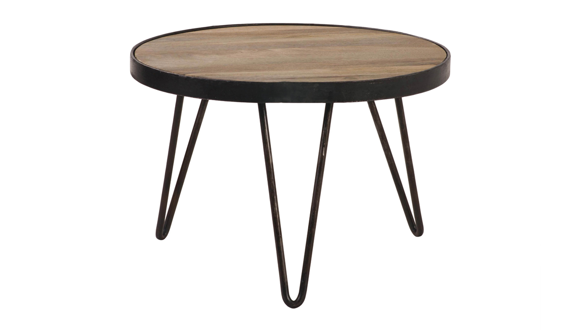 Table basse ronde industrielle bois manguier massif et mtal noir D50 cm ATELIER