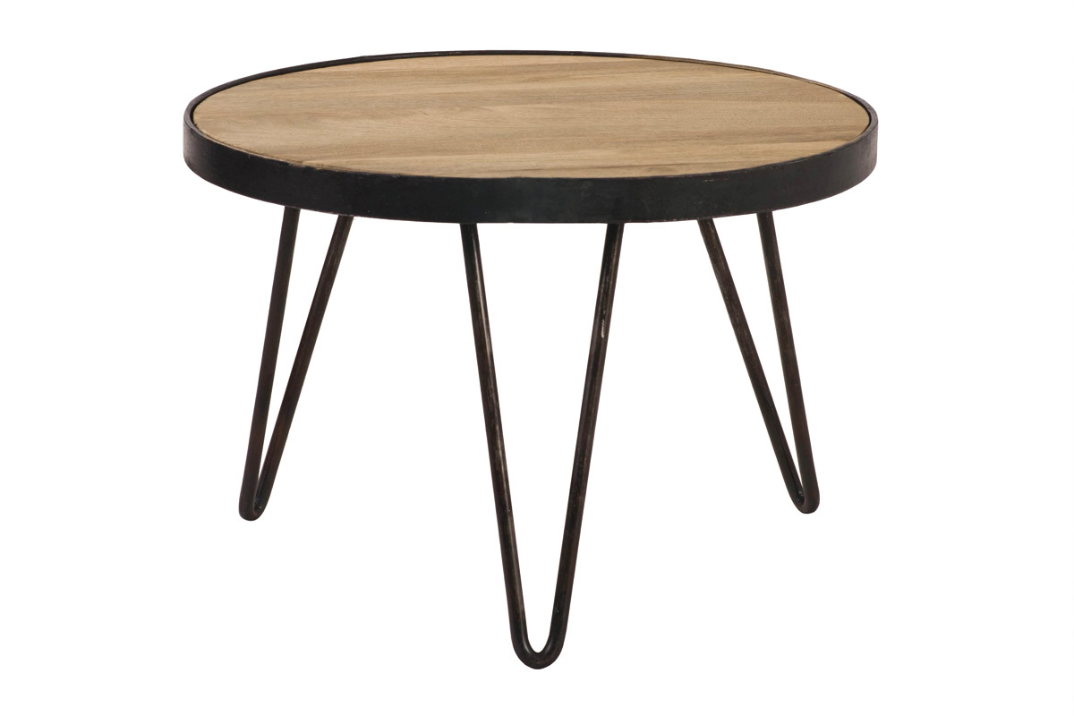 Table basse ronde industrielle bois manguier massif et m�tal noir D50 cm ATELIER