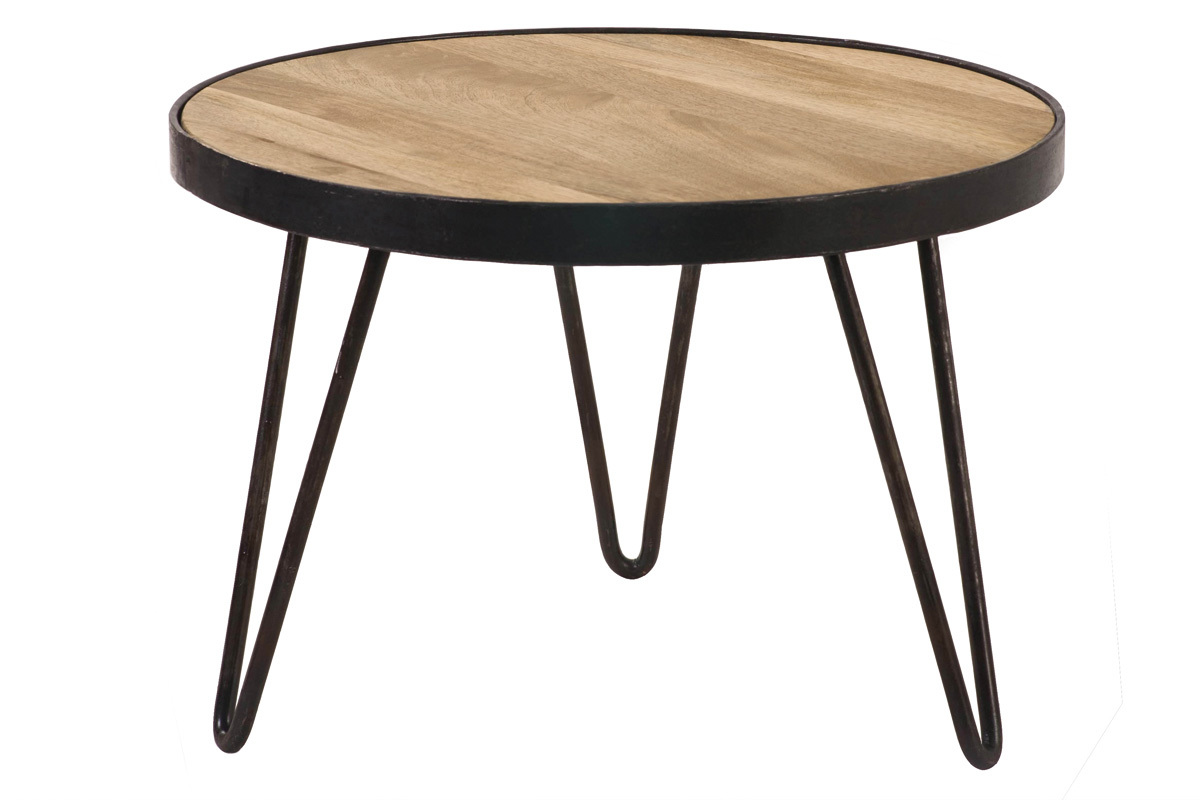 Table basse ronde industrielle bois manguier massif et m�tal noir D50 cm ATELIER