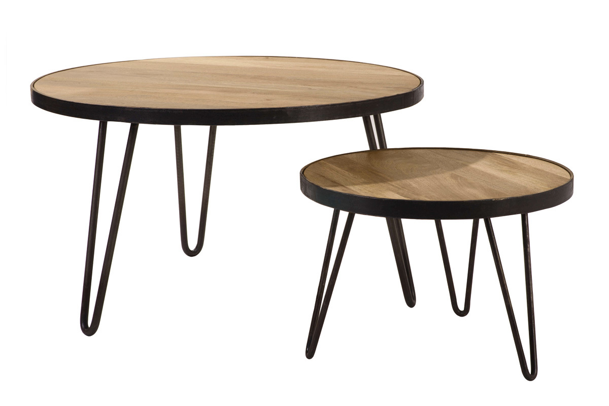 Table basse ronde industrielle bois manguier massif et m�tal noir D50 cm ATELIER