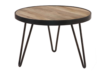 Table basse ronde industrielle bois manguier massif et métal noir D50 cm ATELIER