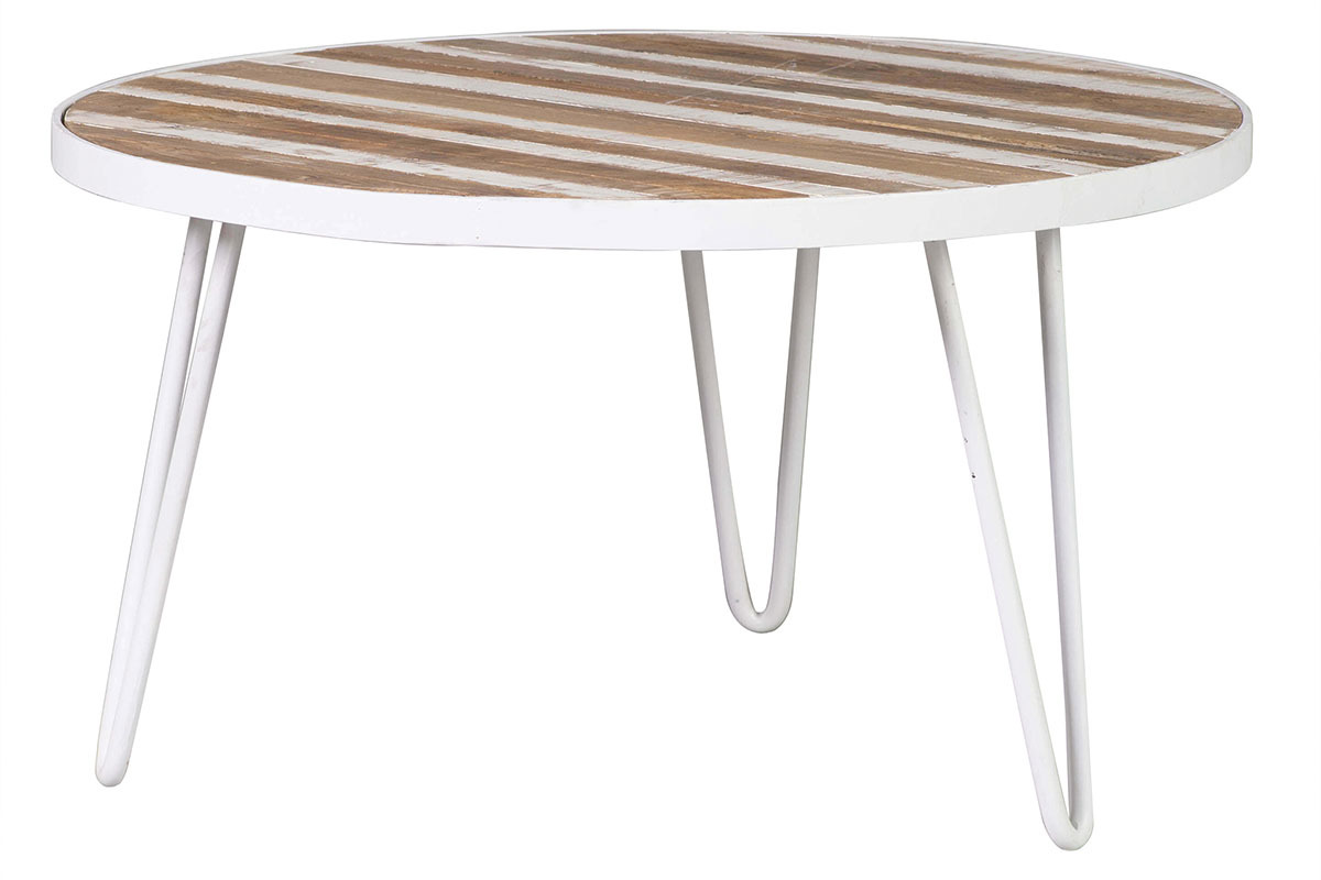 Table basse ronde manguier massif et mtal blanc L80 x H45 cm ROCHELLE