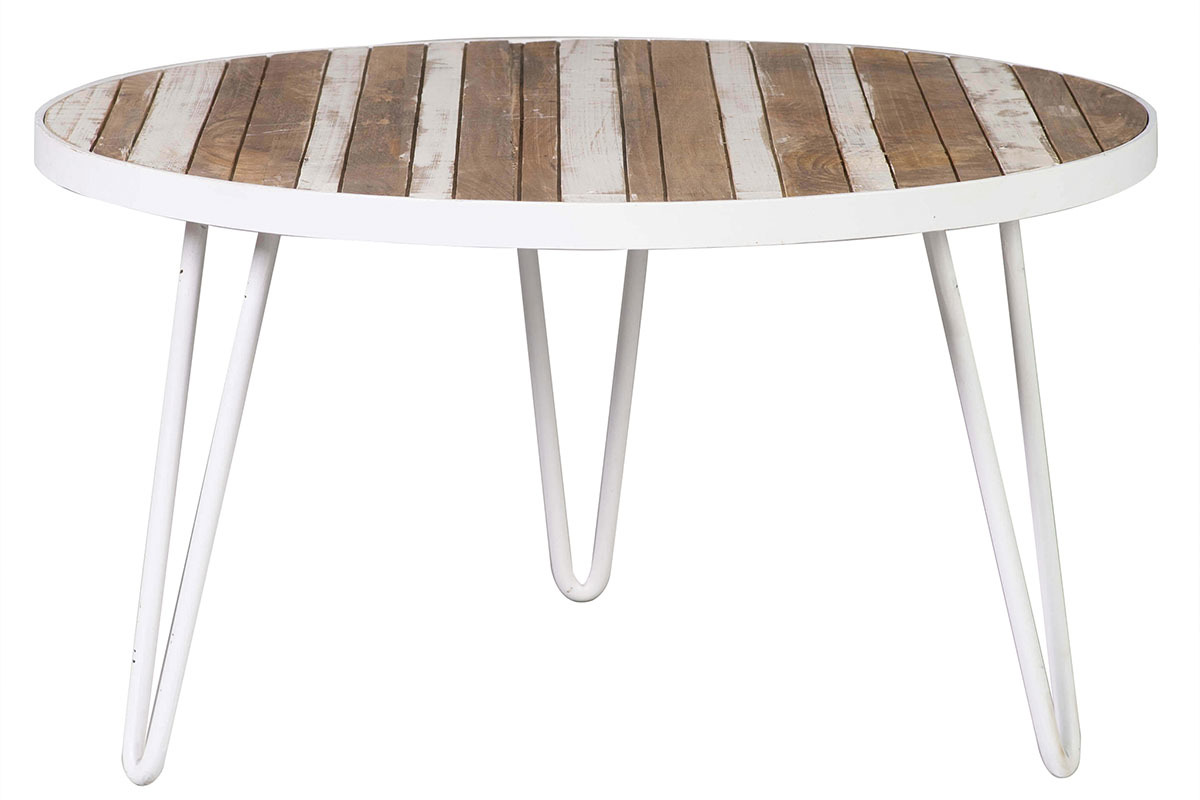 Table basse ronde manguier massif et mtal blanc L80 x H45 cm ROCHELLE