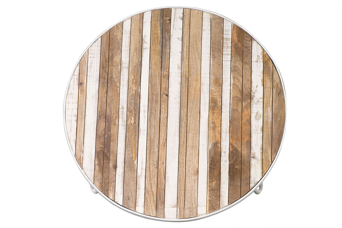 Table basse ronde manguier massif et mtal blanc L80 x H45 cm ROCHELLE